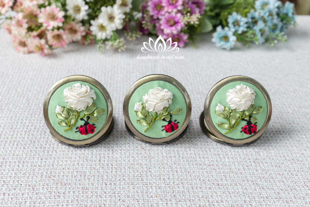 Hand Embroidered Pocket Mirror | Lucky Ladybug Ribbon Rose Gift