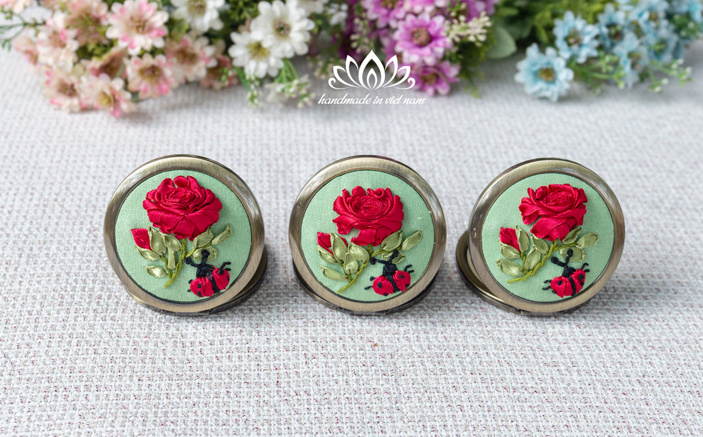 Hand Embroidered Pocket Mirror | Lucky Ladybug Ribbon Rose Gift