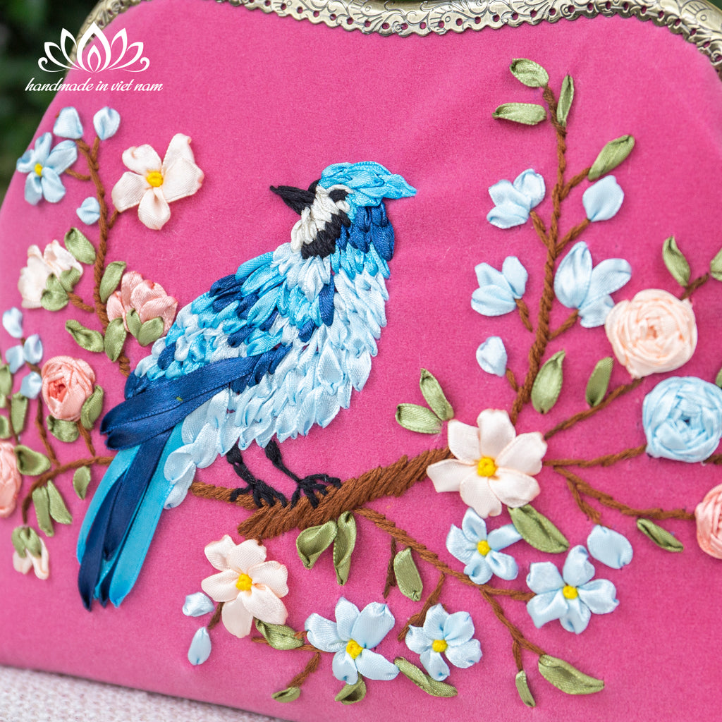 Hand Embroidered Blue Bird Kiss Lock Bag | Handmade Ribbon Embroidery Velvet Purse with Chain Strap