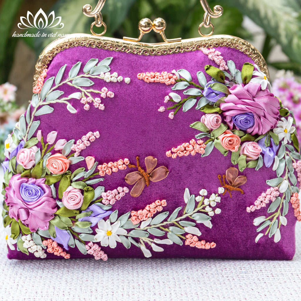 Hand Embroidered Velvet Kiss Lock Bag | Purple Ribbon Rose Purse