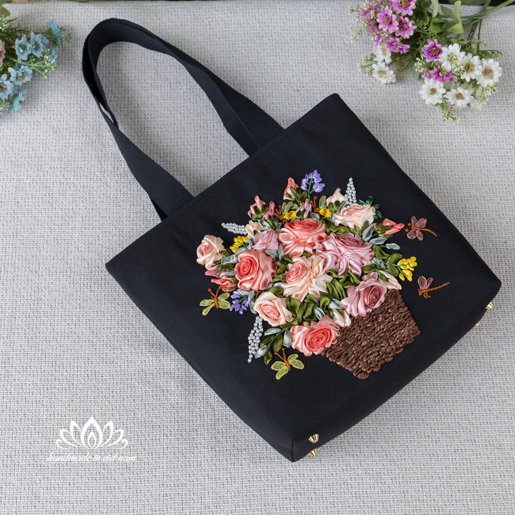 Ribbon Embroidered Floral Tote Bag | Structured Canvas Everyday Tote