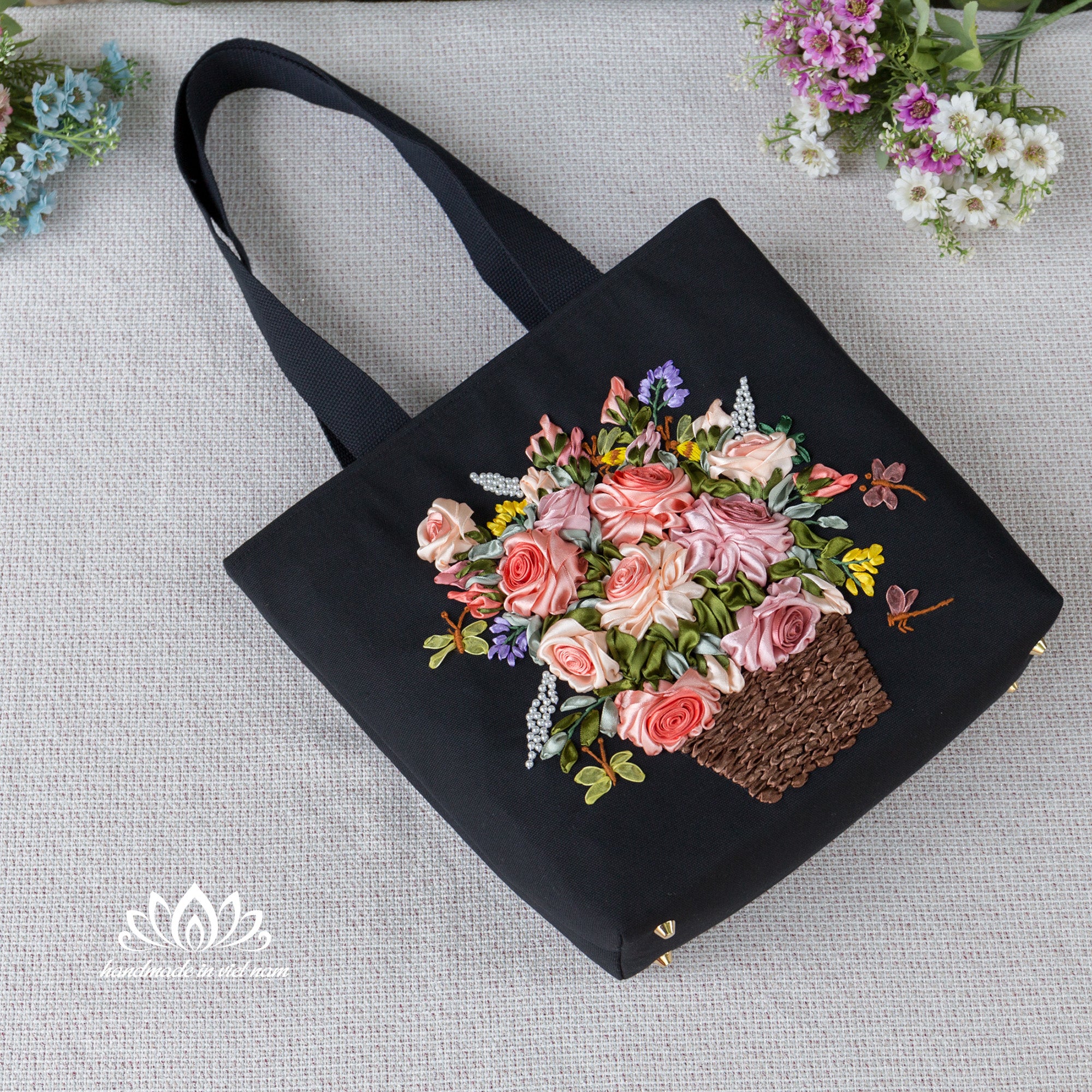 Ribbon Embroidered Floral Tote Bag | Structured Canvas Everyday Tote