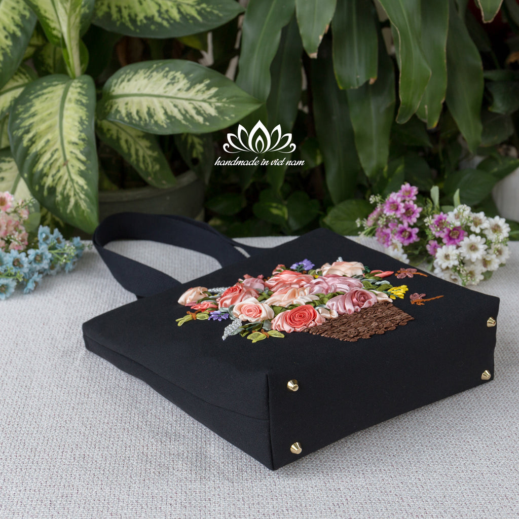 Ribbon Embroidered Floral Tote Bag | Structured Canvas Everyday Tote