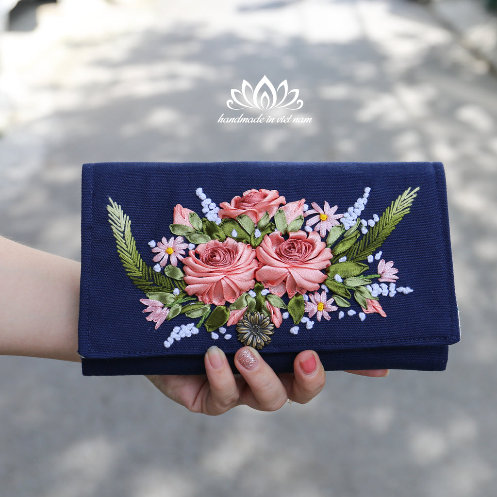 Ribbon Embroidered Floral Wallet | Organizer Wallet with Zipper Pocket