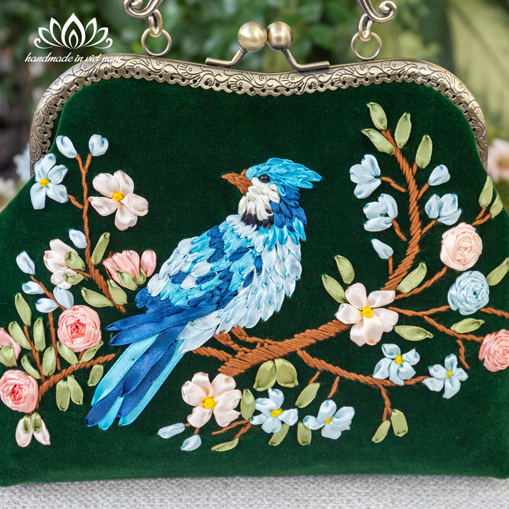 Hand Embroidered Blue Bird Kiss Lock Bag | Handmade Ribbon Embroidery Velvet Purse with Chain Strap