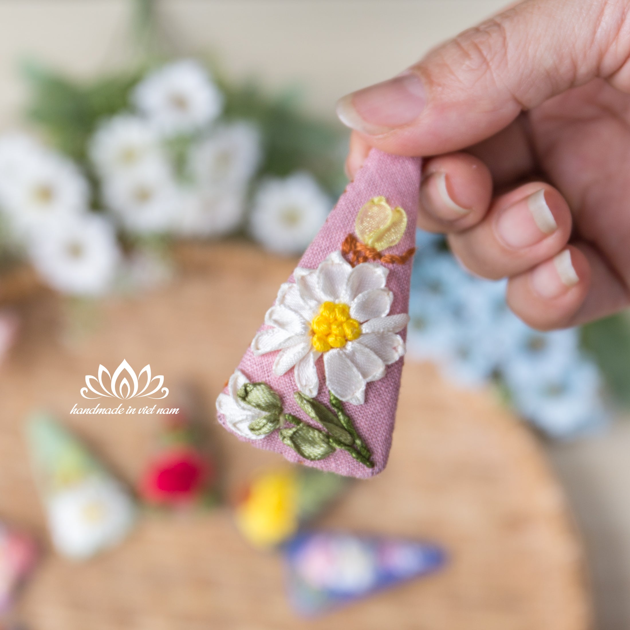 Hand Embroidered Linen Hair Clip | Ribbon Embroidery Triangle Hair Clip