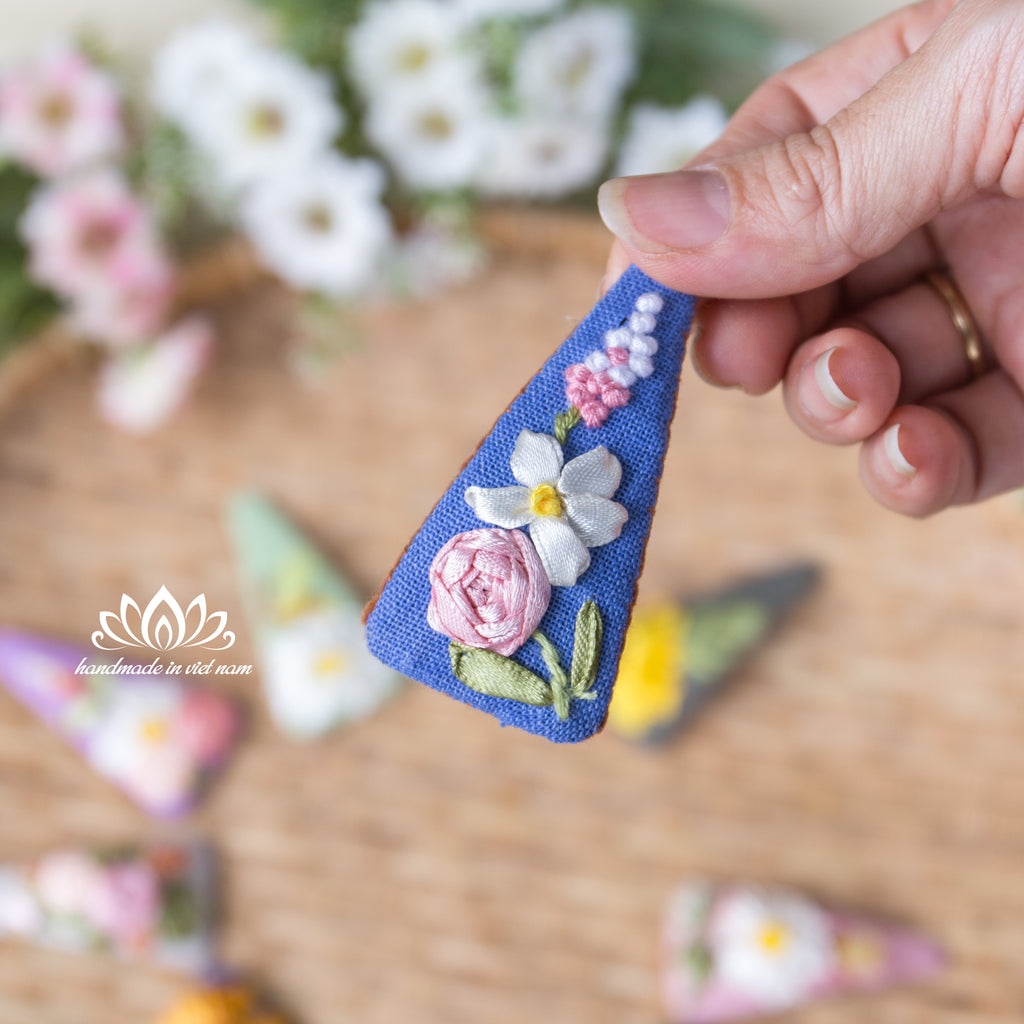 Hand Embroidered Linen Hair Clip | Ribbon Embroidery Triangle Hair Clip