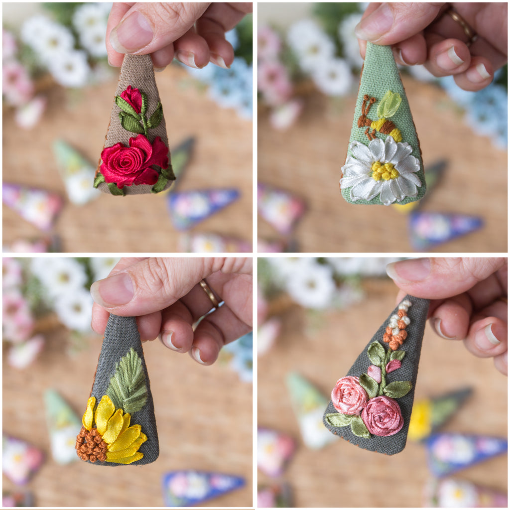 Hand Embroidered Linen Hair Clip | Ribbon Embroidery Triangle Hair Clip