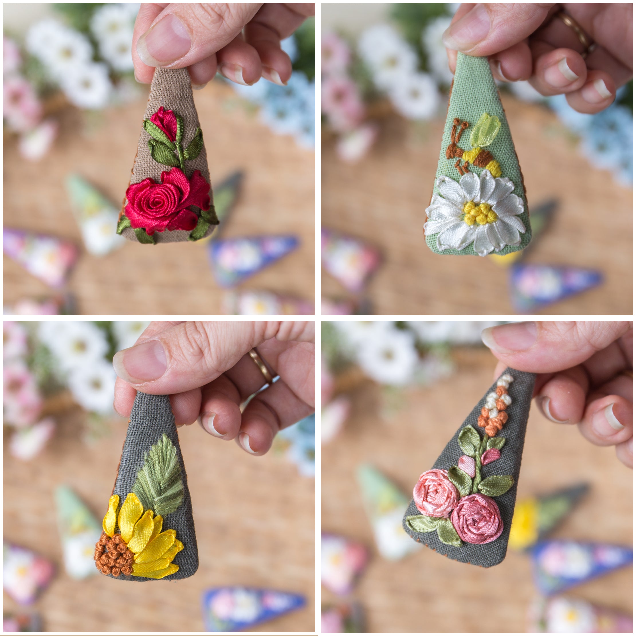 Hand Embroidered Linen Hair Clip | Ribbon Embroidery Triangle Hair Clip