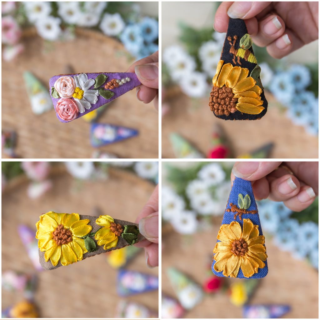Hand Embroidered Linen Hair Clip | Ribbon Embroidery Triangle Hair Clip