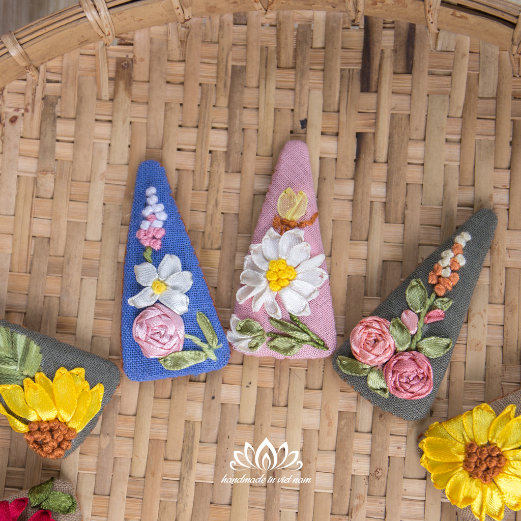 Hand Embroidered Linen Hair Clip | Ribbon Embroidery Triangle Hair Clip