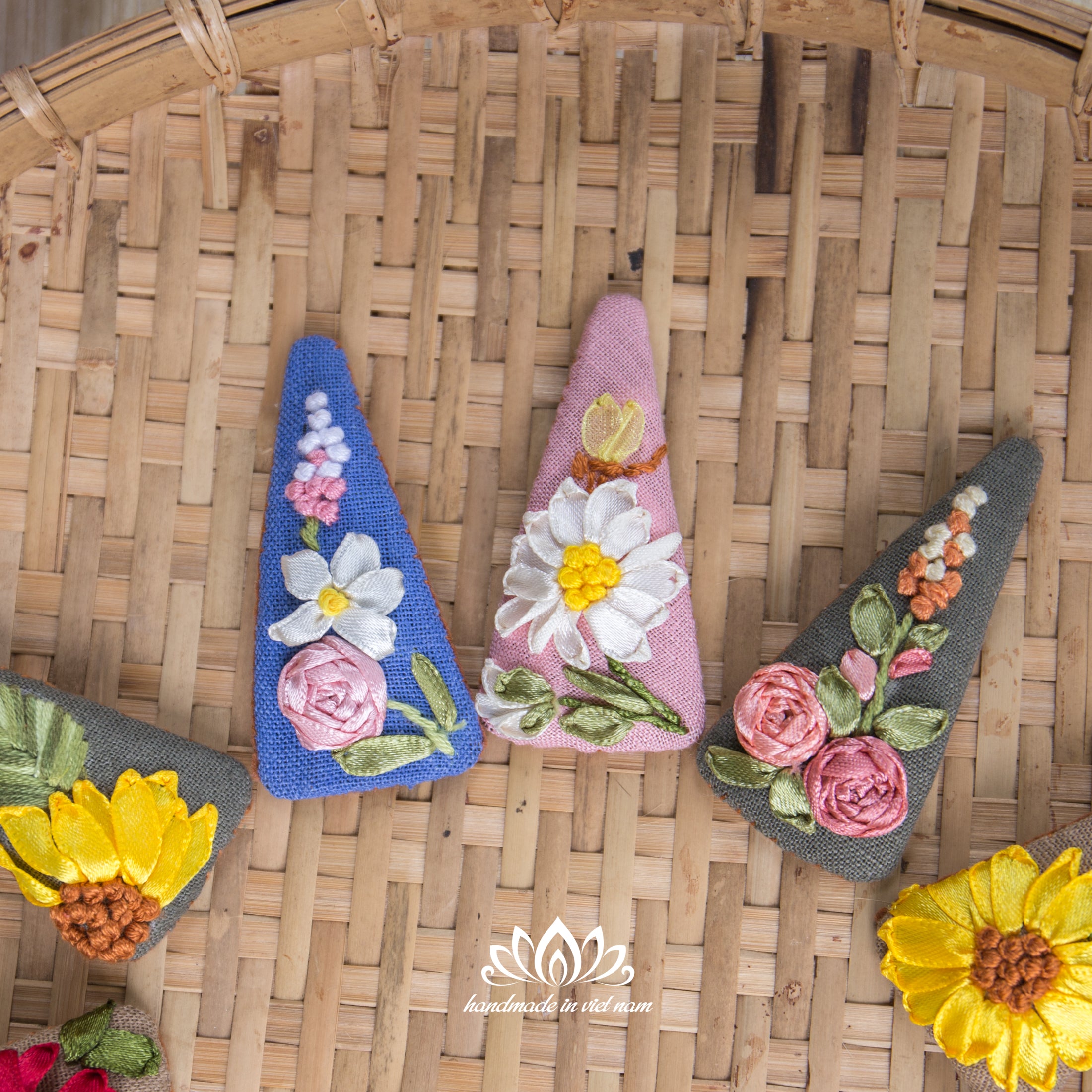 Hand Embroidered Linen Hair Clip | Ribbon Embroidery Triangle Hair Clip