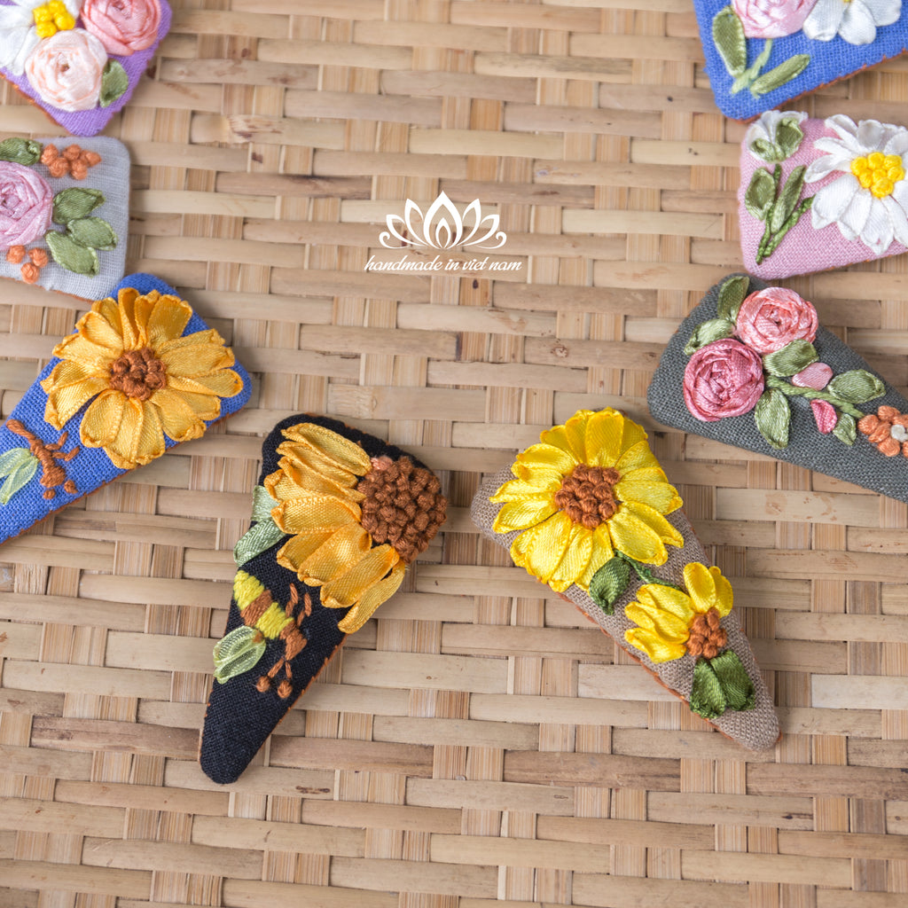 Hand Embroidered Linen Hair Clip | Ribbon Embroidery Triangle Hair Clip