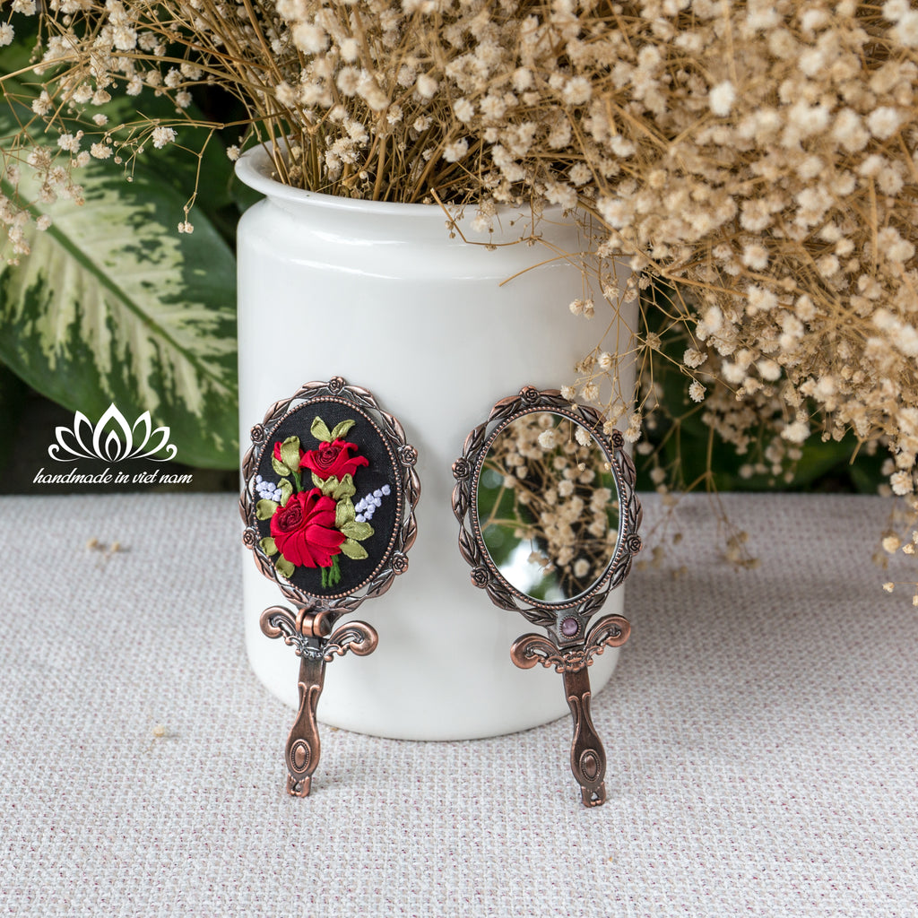 Hand Embroidered Compact Mirror | Ribbon Embroidery Floral Hand Mirror