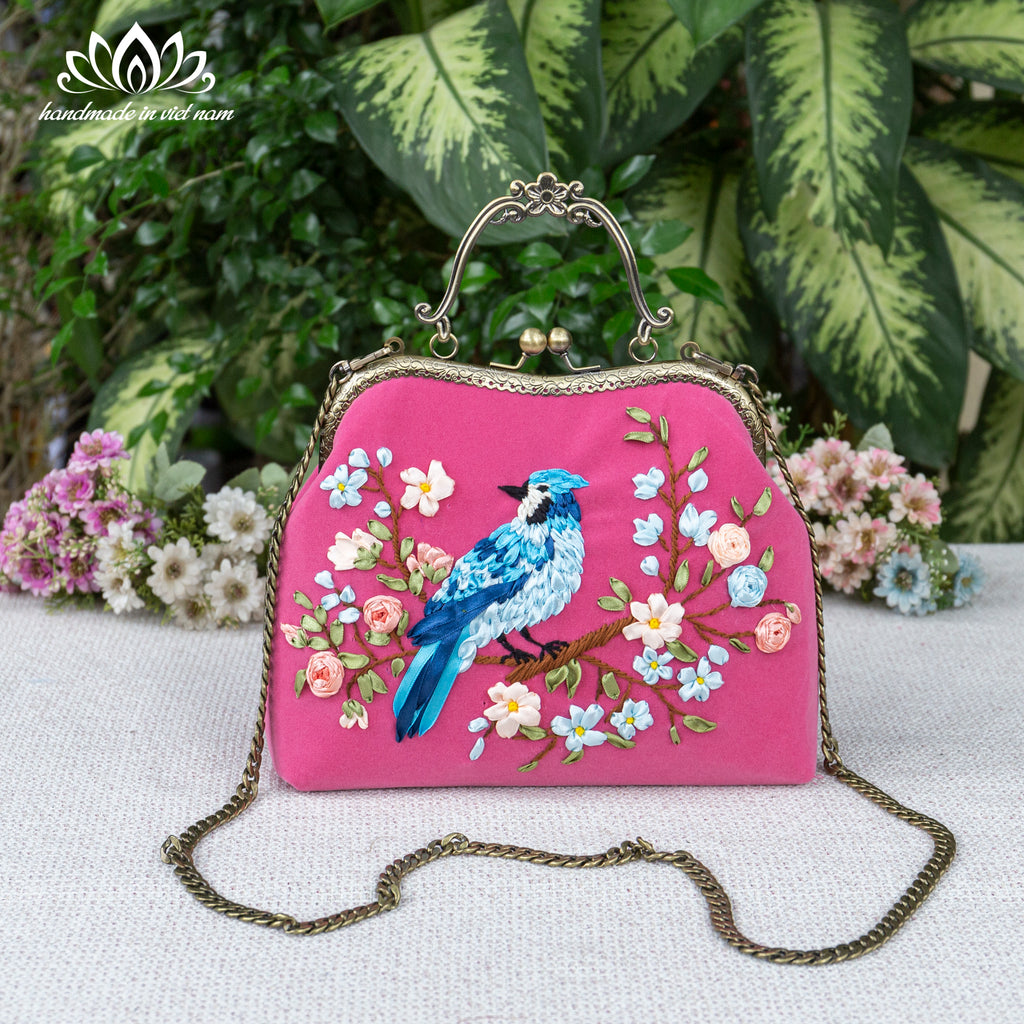 Hand Embroidered Blue Bird Kiss Lock Bag | Handmade Ribbon Embroidery Velvet Purse with Chain Strap