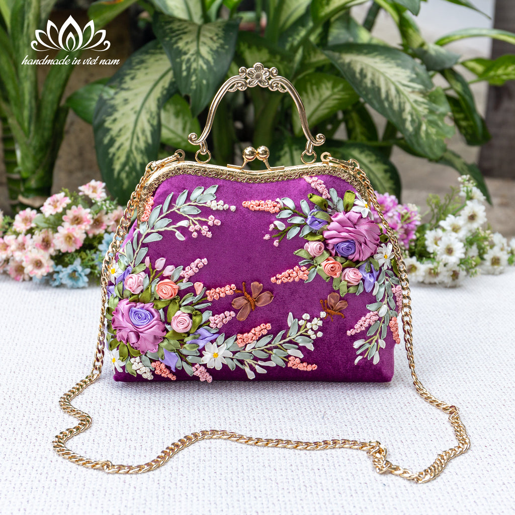 Hand Embroidered Velvet Kiss Lock Bag | Purple Ribbon Rose Purse