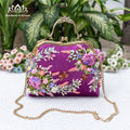 Hand Embroidered Velvet Kiss Lock Bag | Purple Ribbon Rose Purse