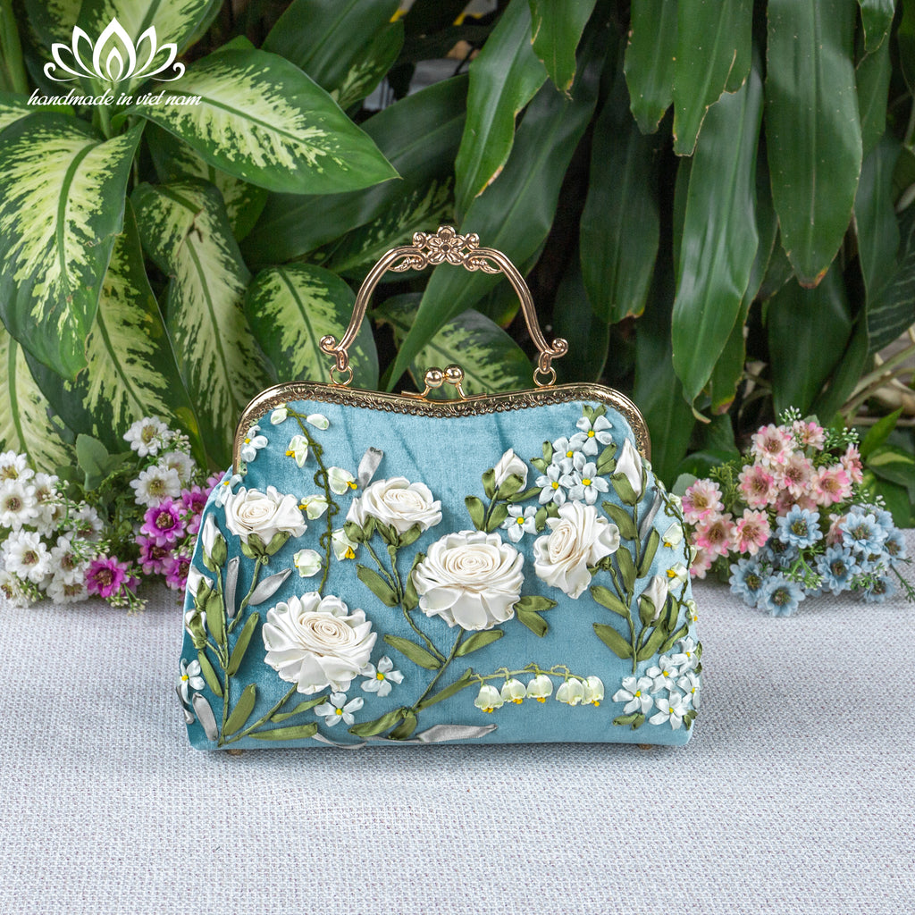 Hand Embroidered White Rose Velvet Kiss Lock Bag | A Gift of Purity and Timeless Love