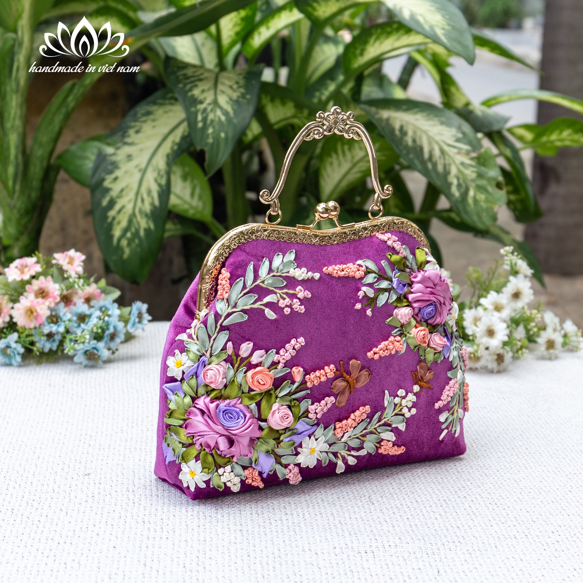 Hand Embroidered Velvet Kiss Lock Bag | Purple Ribbon Rose Purse