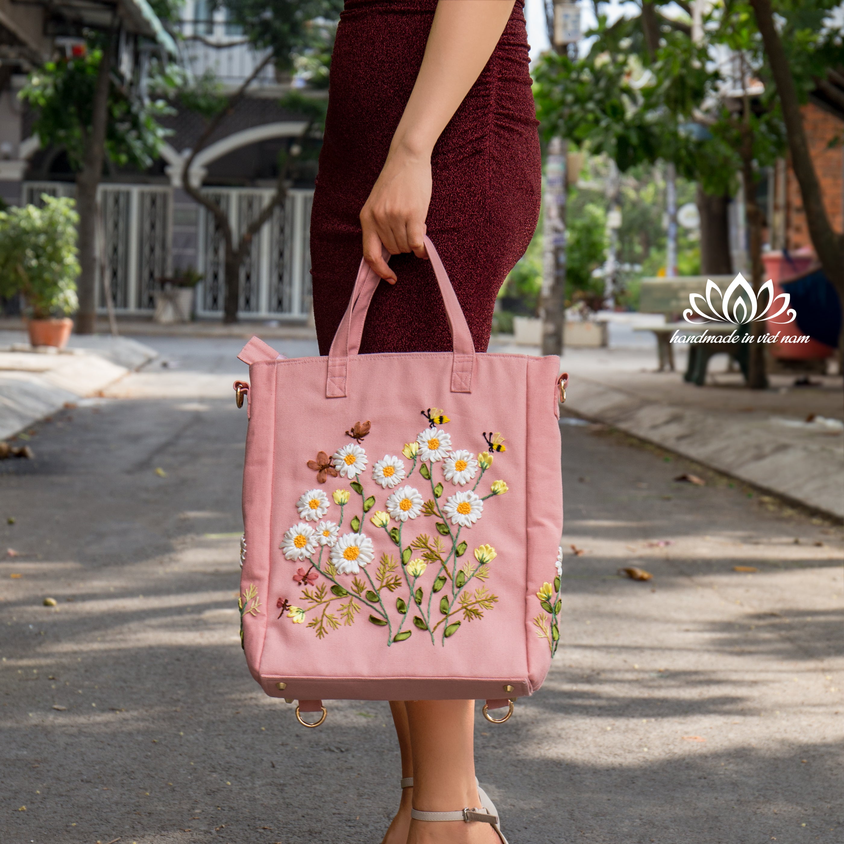 Hand Embroidered Daisy Convertible Backpack Tote | Lotus Vietnam