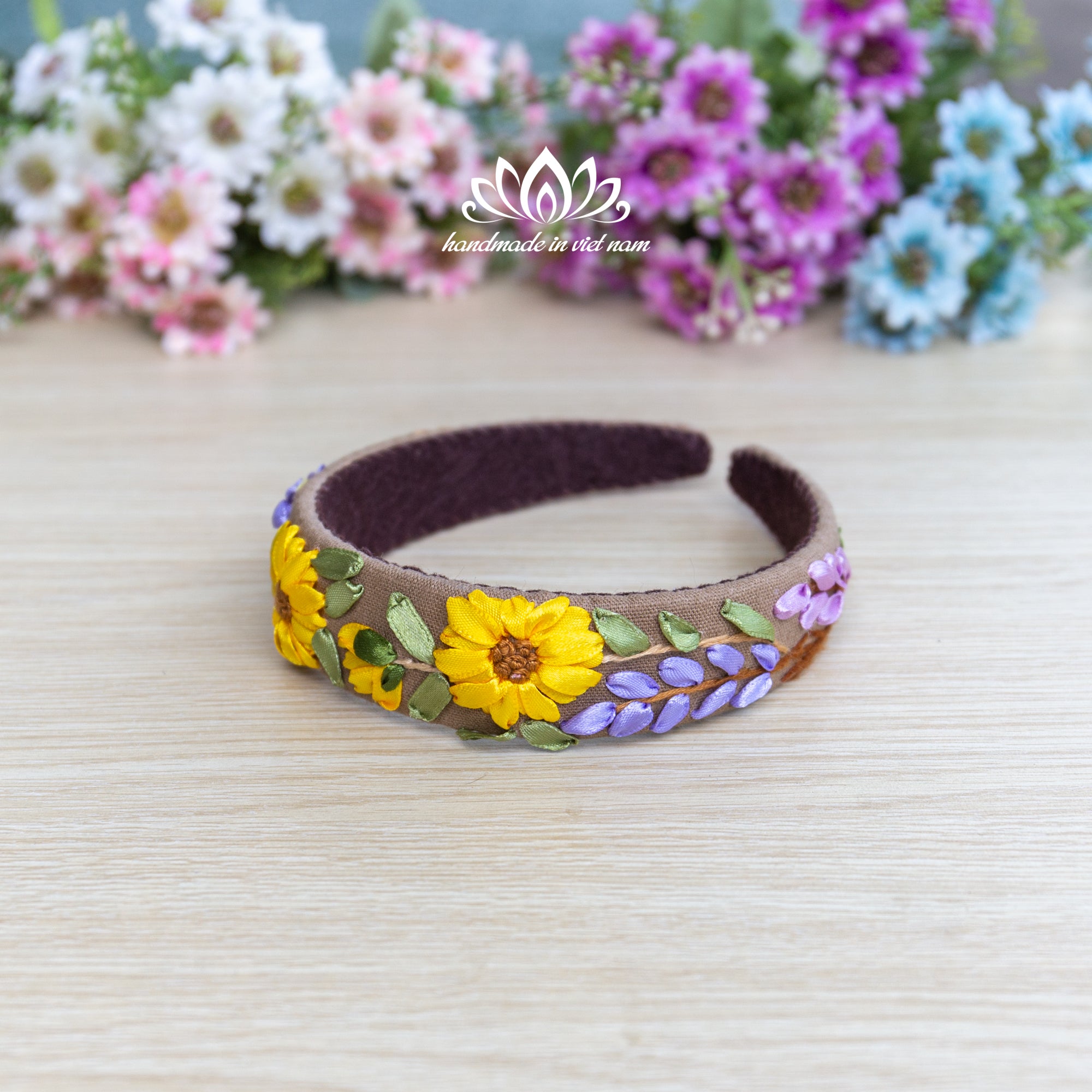 Ribbon Embroidered Linen Headband | Handmade Floral Hair Accessory for Women & Girls