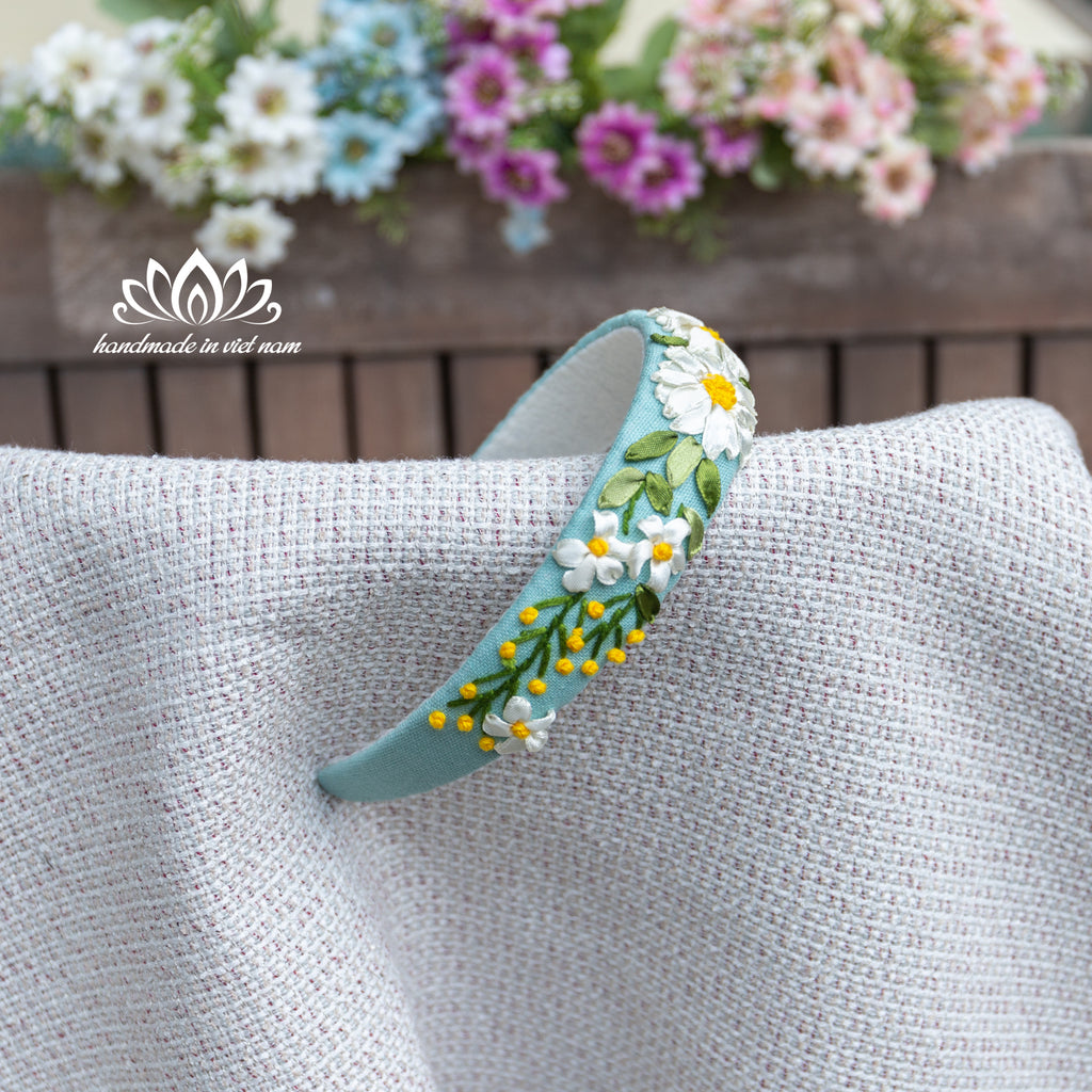 Ribbon Embroidered Linen Headband | Handmade Floral Hair Accessory for Women & Girls