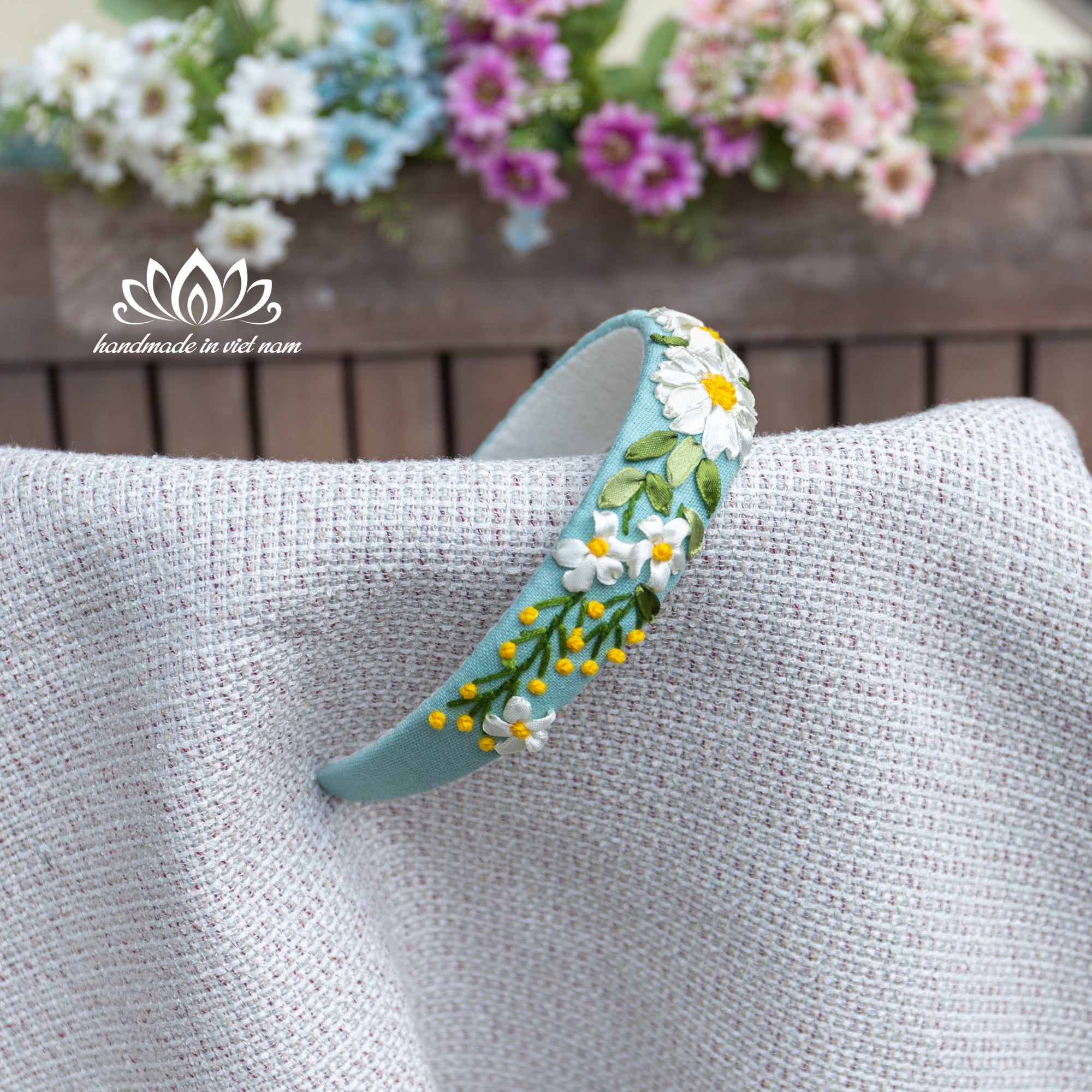 Ribbon Embroidered Linen Headband | Handmade Floral Hair Accessory for Women & Girls