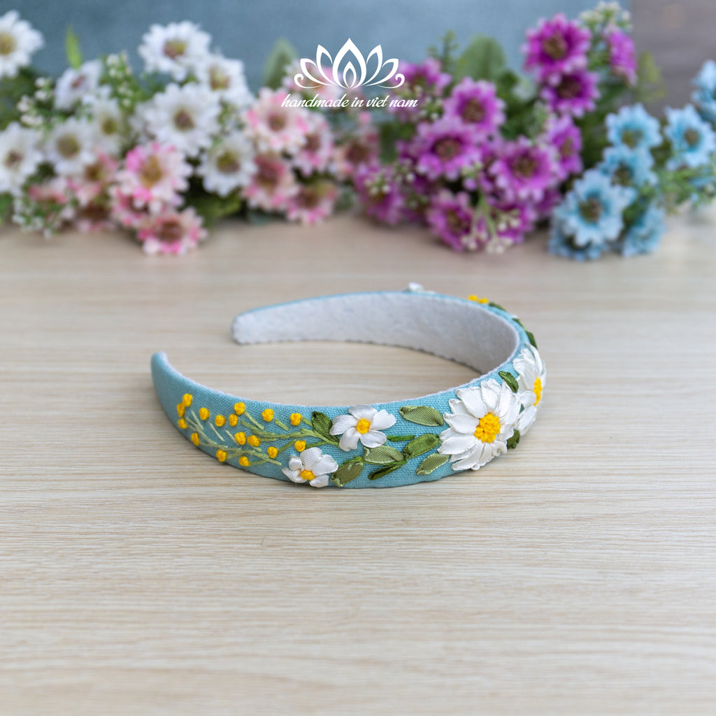 Ribbon Embroidered Linen Headband | Handmade Floral Hair Accessory for Women & Girls