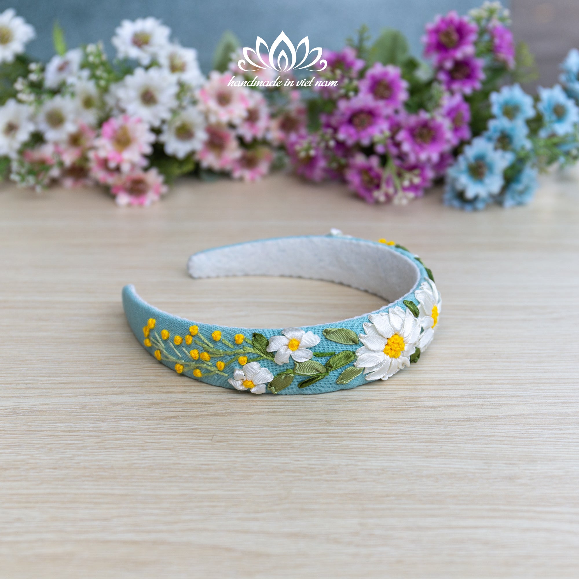 Ribbon Embroidered Linen Headband | Handmade Floral Hair Accessory for Women & Girls