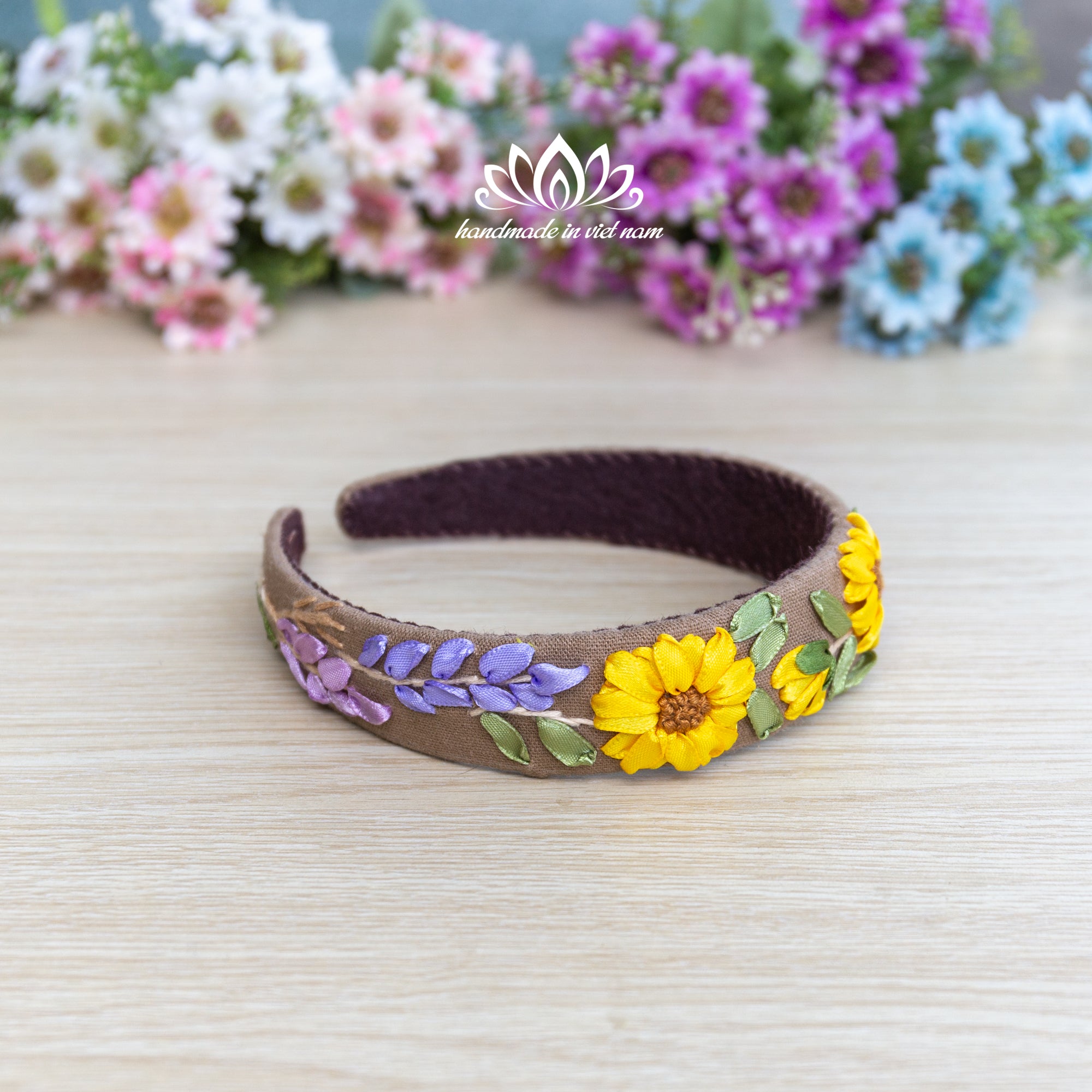 Ribbon Embroidered Linen Headband | Handmade Floral Hair Accessory for Women & Girls