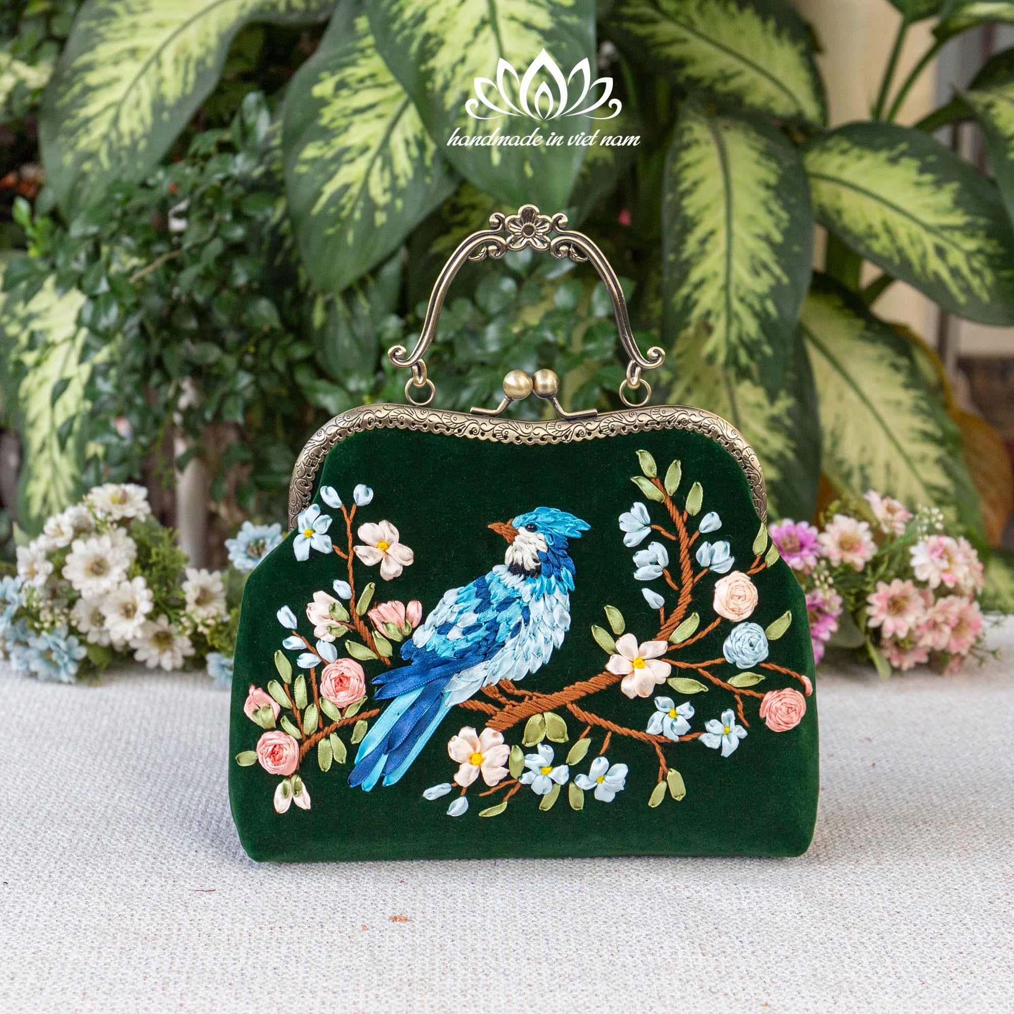 Hand Embroidered Blue Bird Kiss Lock Bag | Handmade Ribbon Embroidery Velvet Purse with Chain Strap