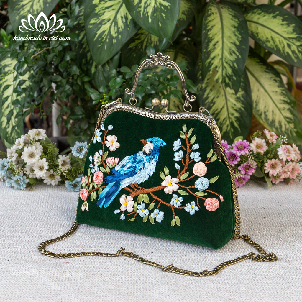 Hand Embroidered Blue Bird Kiss Lock Bag | Handmade Ribbon Embroidery Velvet Purse with Chain Strap