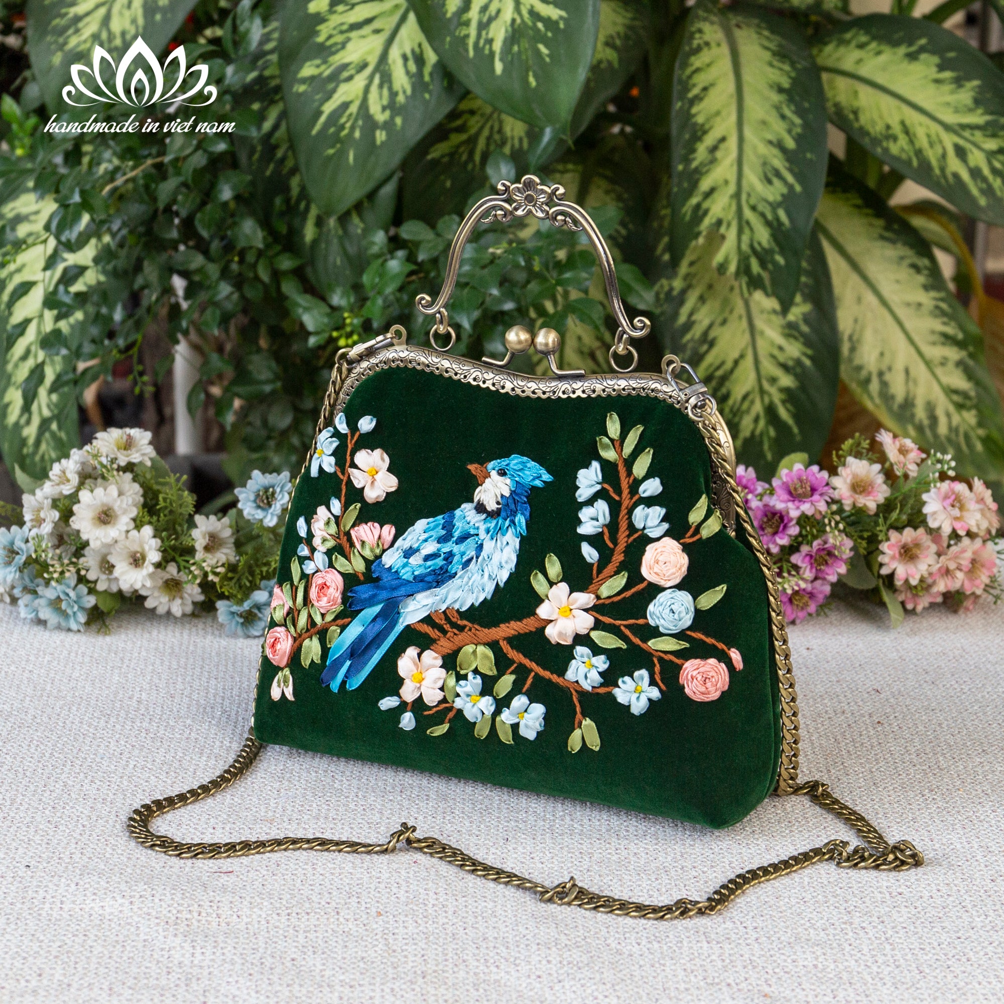 Hand Embroidered Blue Bird Kiss Lock Bag | Handmade Ribbon Embroidery Velvet Purse with Chain Strap