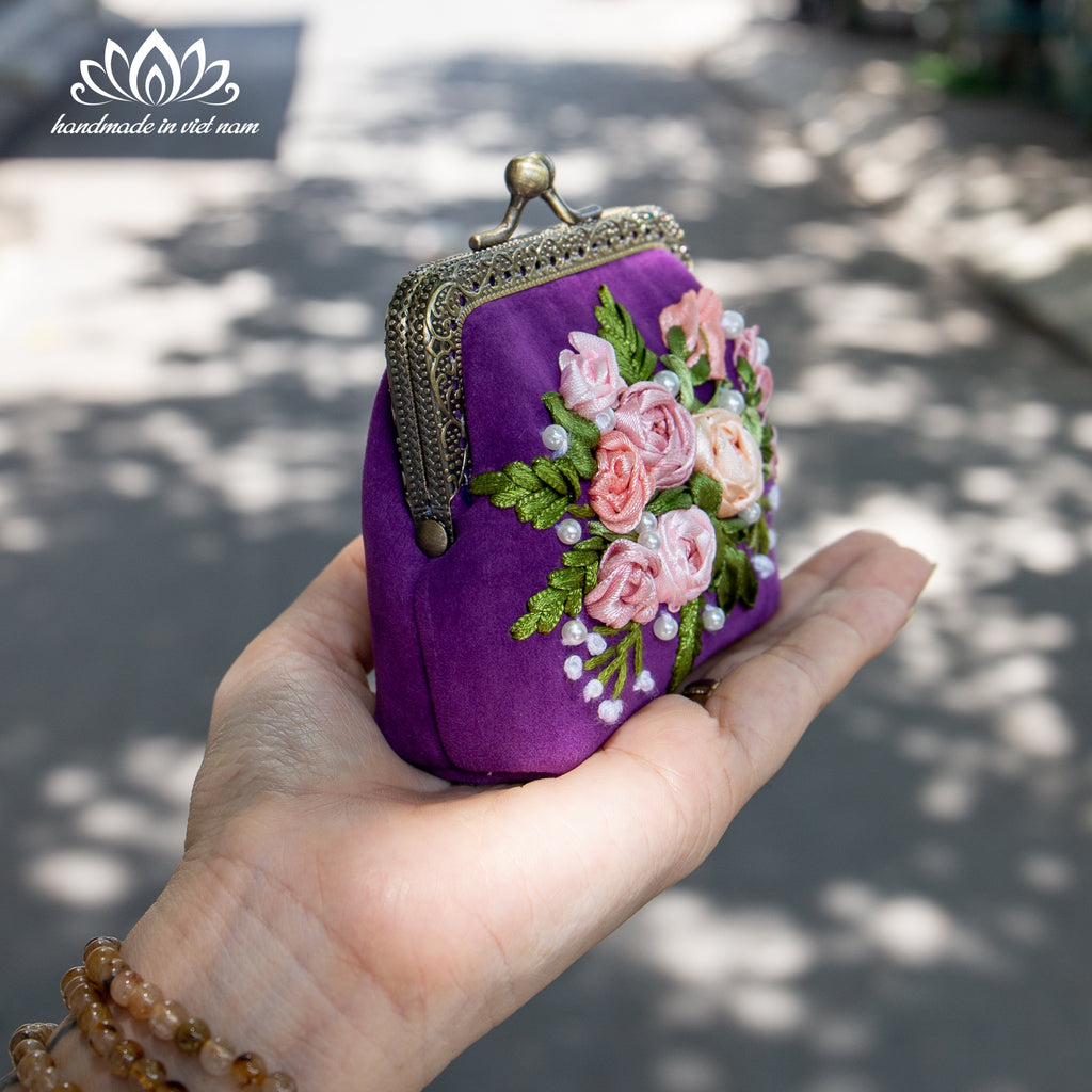 Hand Embroidered Velvet Coin Purse | Handmade Ribbon Embroidery Kiss Lock Pouch