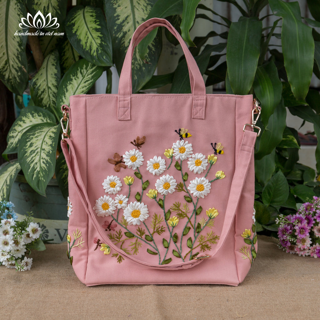 Hand Embroidered Daisy Convertible Backpack Tote | Lotus Vietnam