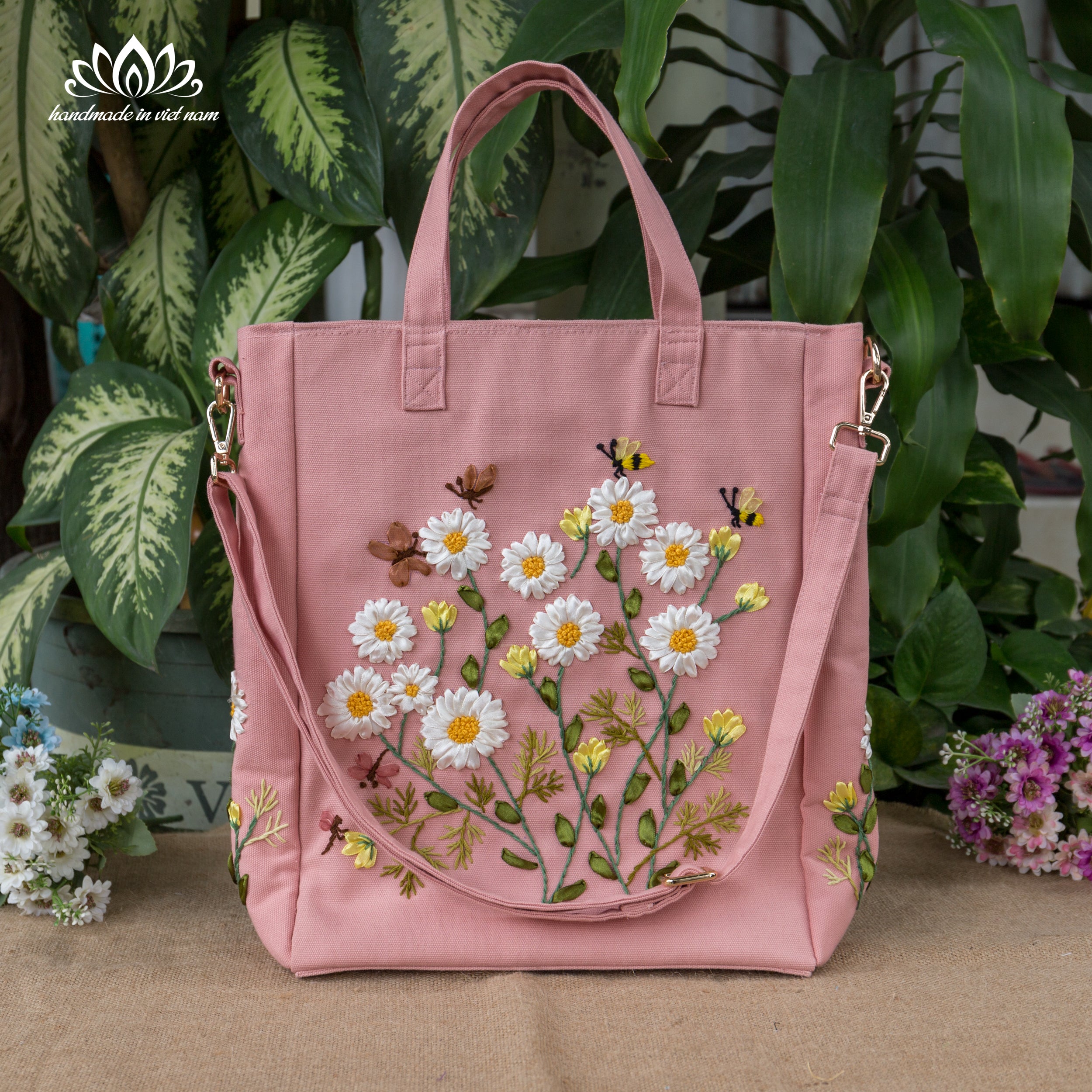 Hand Embroidered Daisy Convertible Backpack Tote | Lotus Vietnam