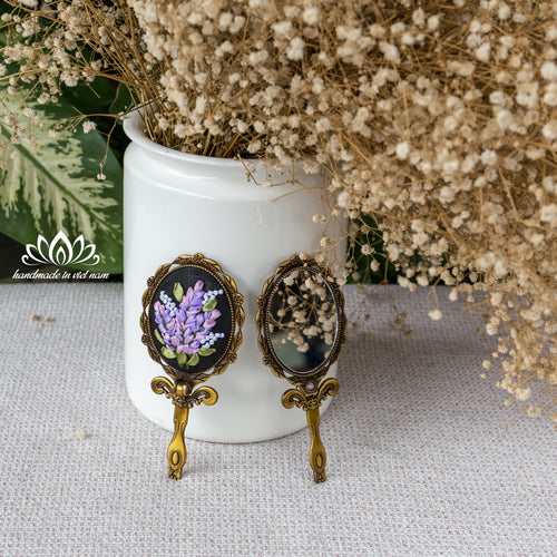 Hand Embroidered Compact Mirror | Ribbon Embroidery Floral Hand Mirror