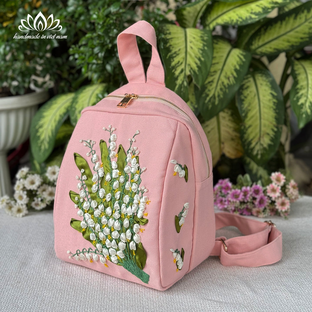 Lily of the Valley Ribbon Embroidered Backpack | A Symbol of Happiness