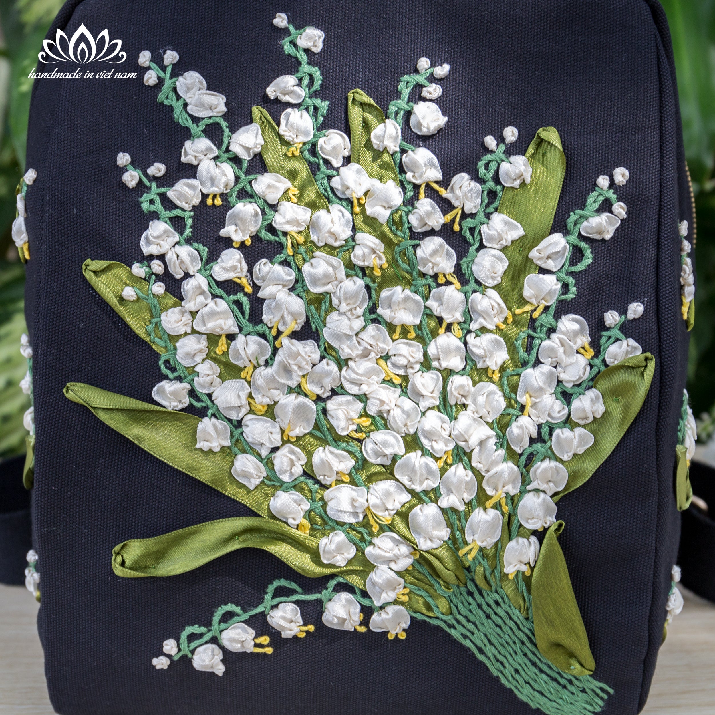 Lily of the Valley Ribbon Embroidered Backpack | A Symbol of Happiness