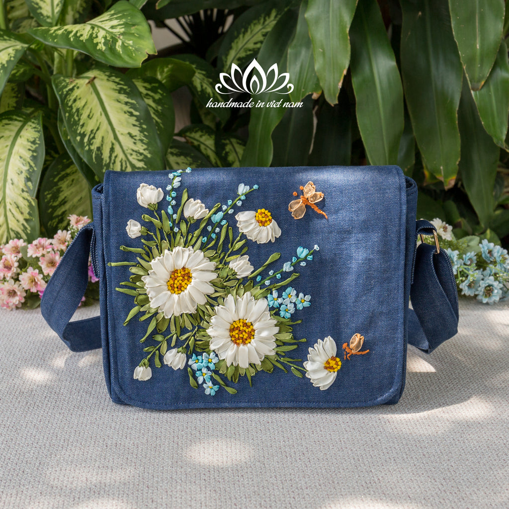 Hand Embroidered Daisy Messenger Bag | Carry a Little Happiness Every Day