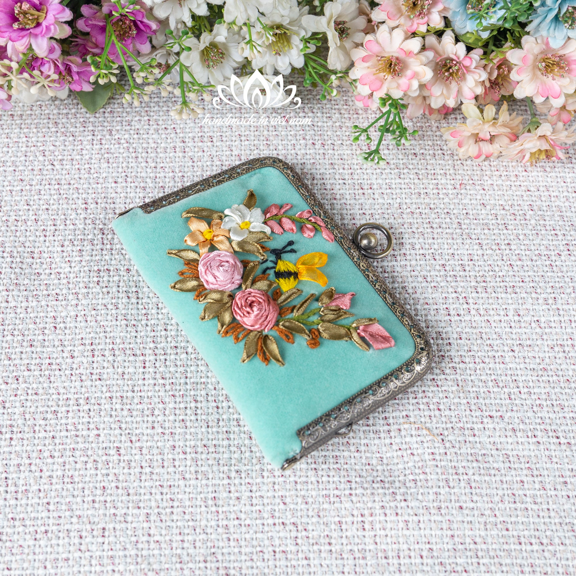 Ribbon Embroidered Mini Card Wallet | Compact Floral Coin Purse