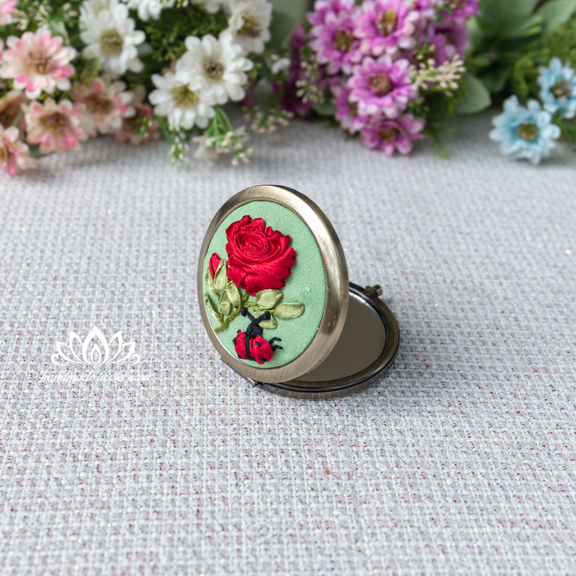 Hand Embroidered Pocket Mirror | Lucky Ladybug Ribbon Rose Gift