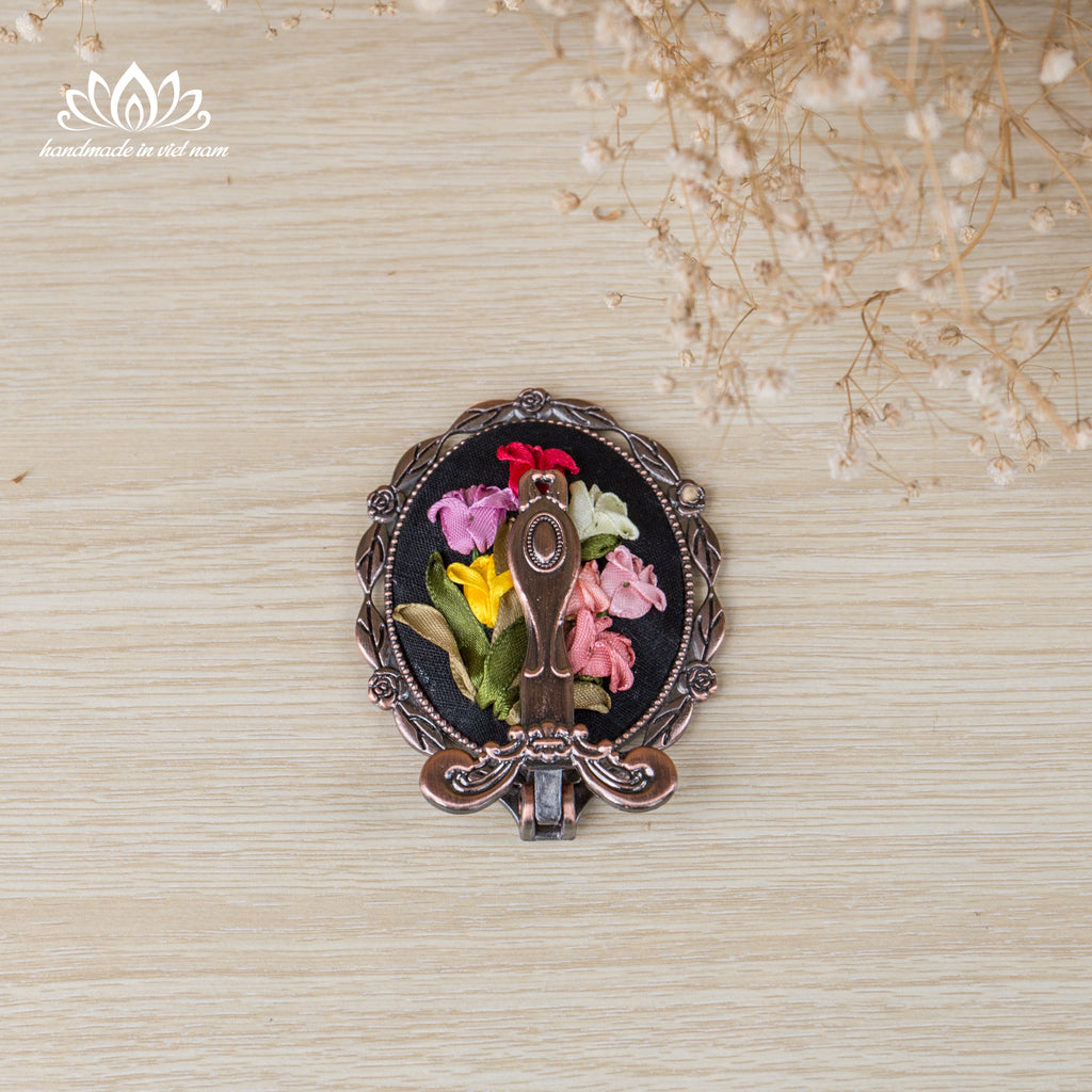 Hand Embroidered Compact Mirror | Ribbon Embroidery Floral Hand Mirror