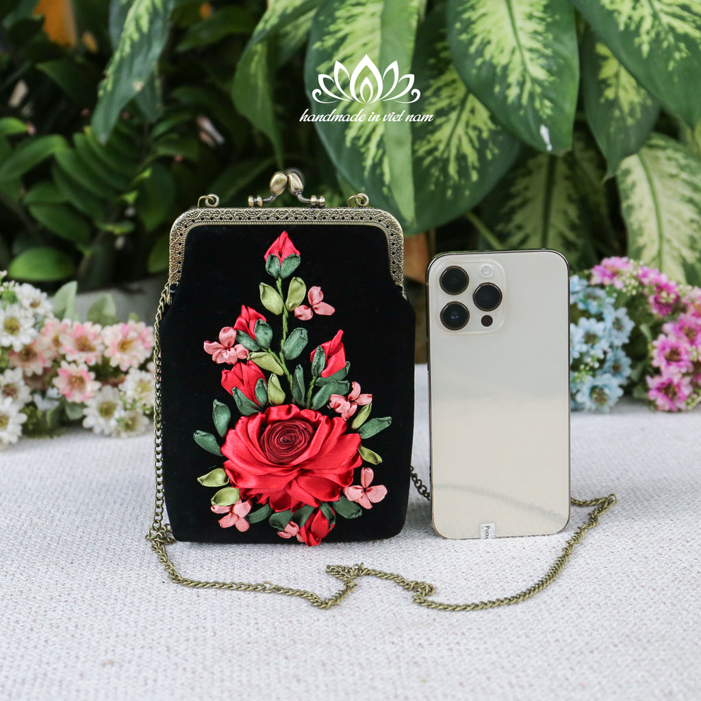 Hand Embroidered Velvet Phone Bag | Ribbon Rose Kiss Lock Purse