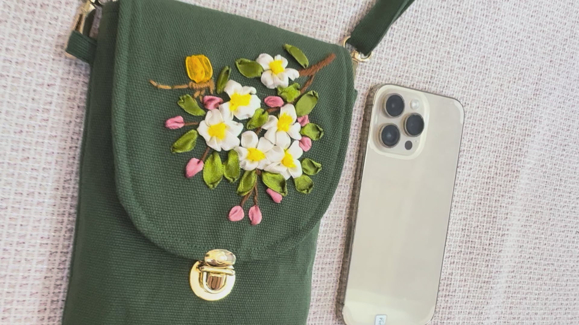 Hand Embroidered Apple Blossom Phone Bag | Crossbody Phone Purse