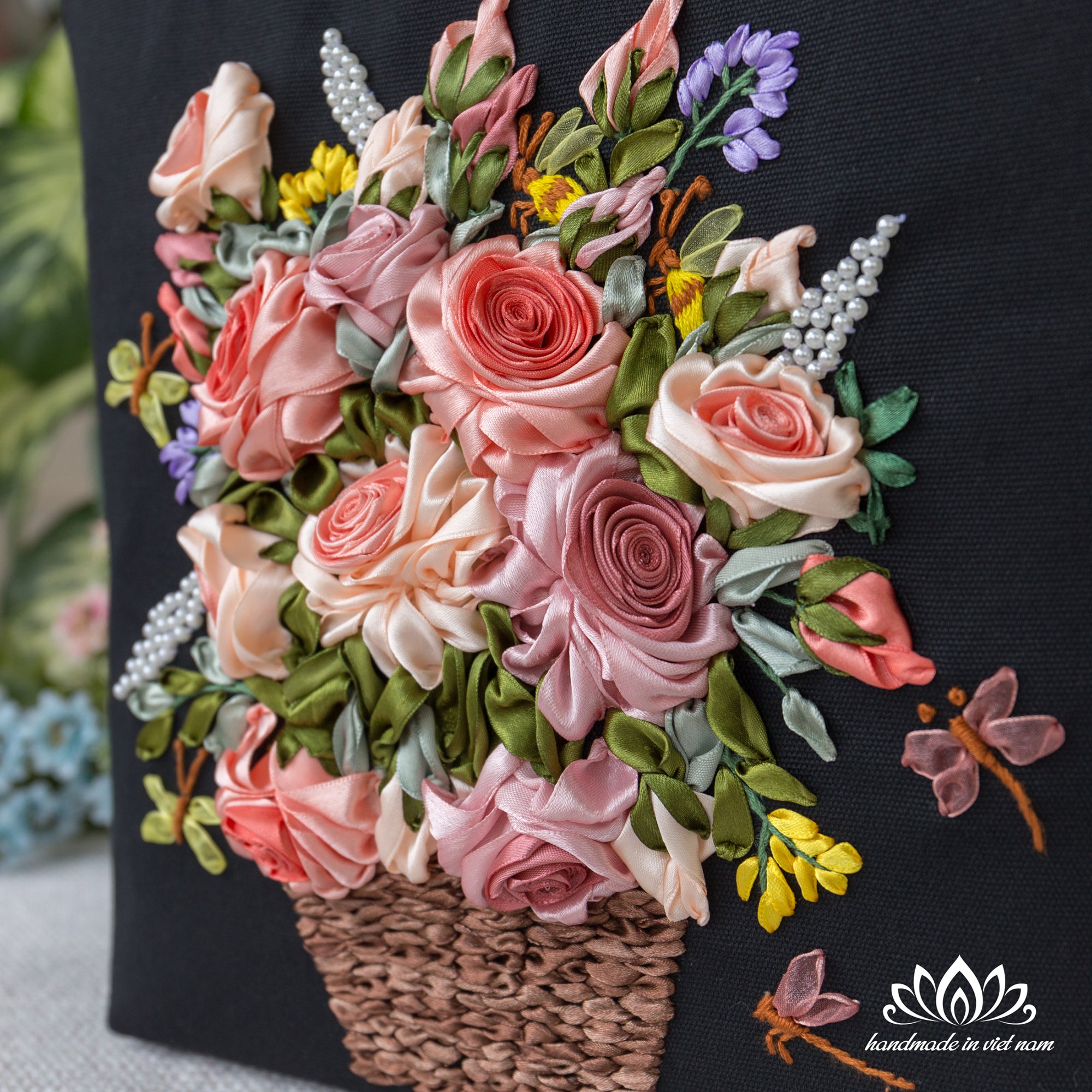 Ribbon Embroidered Floral Tote Bag | Structured Canvas Everyday Tote