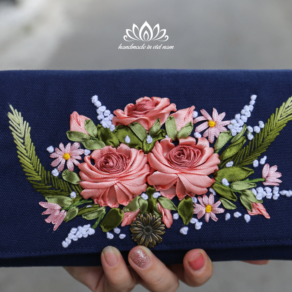Ribbon Embroidered Floral Wallet | Organizer Wallet with Zipper Pocket