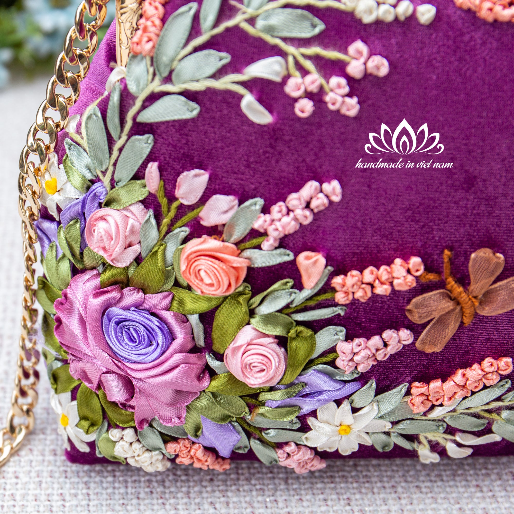 Hand Embroidered Velvet Kiss Lock Bag | Purple Ribbon Rose Purse
