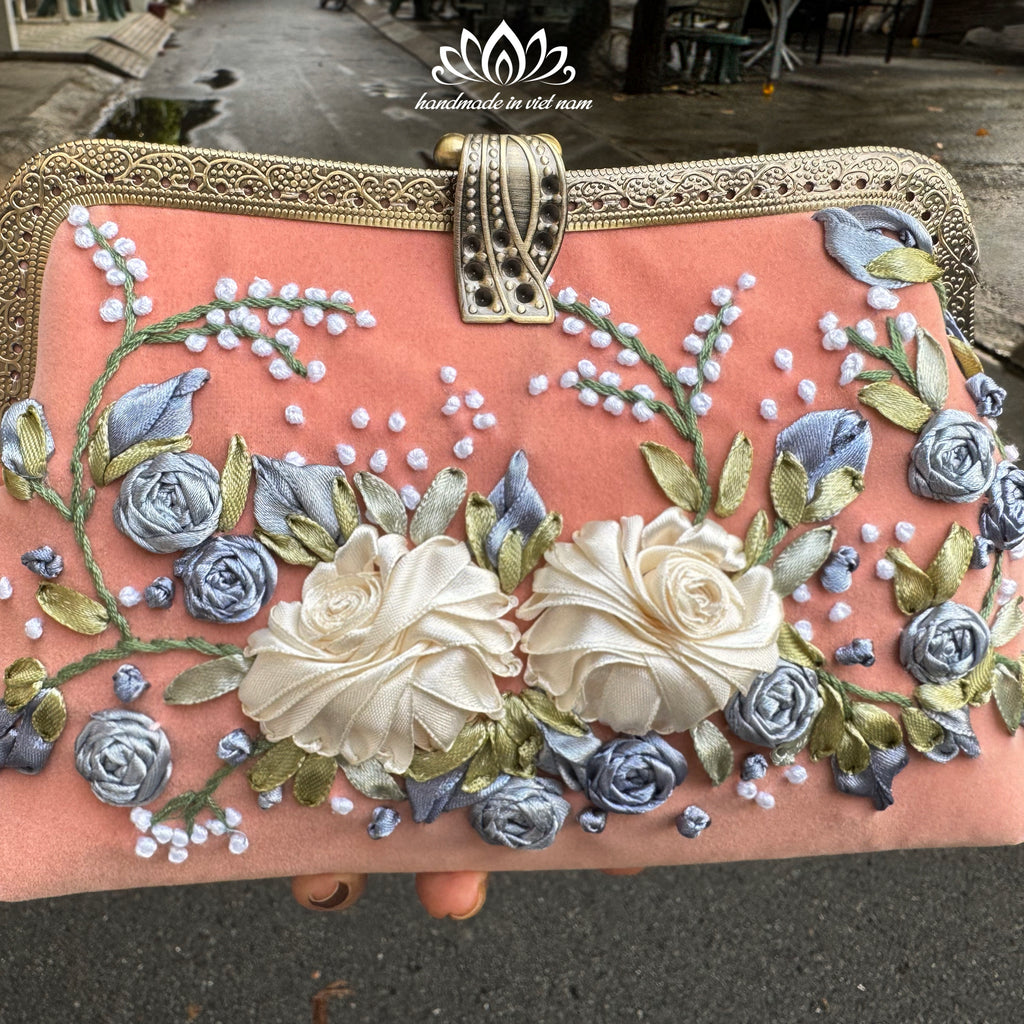 Hand Embroidered Velvet Clutch Bag | Floral Ribbon Embroidery Evening Bag