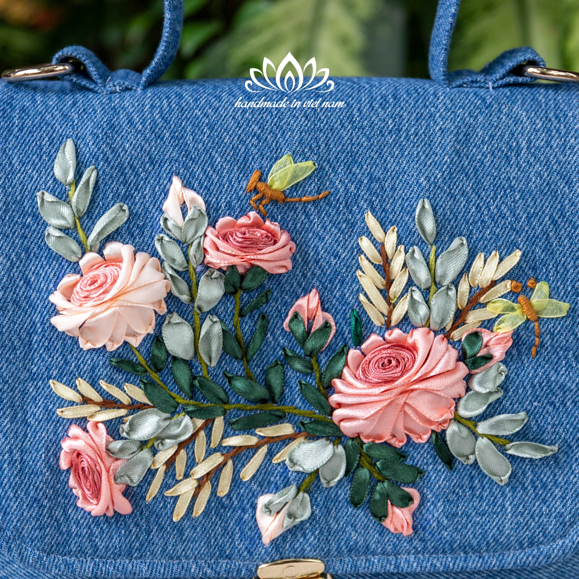 Ribbon Embroidered Denim Doctor Bag | Convertible Handbag & Mini Backpack